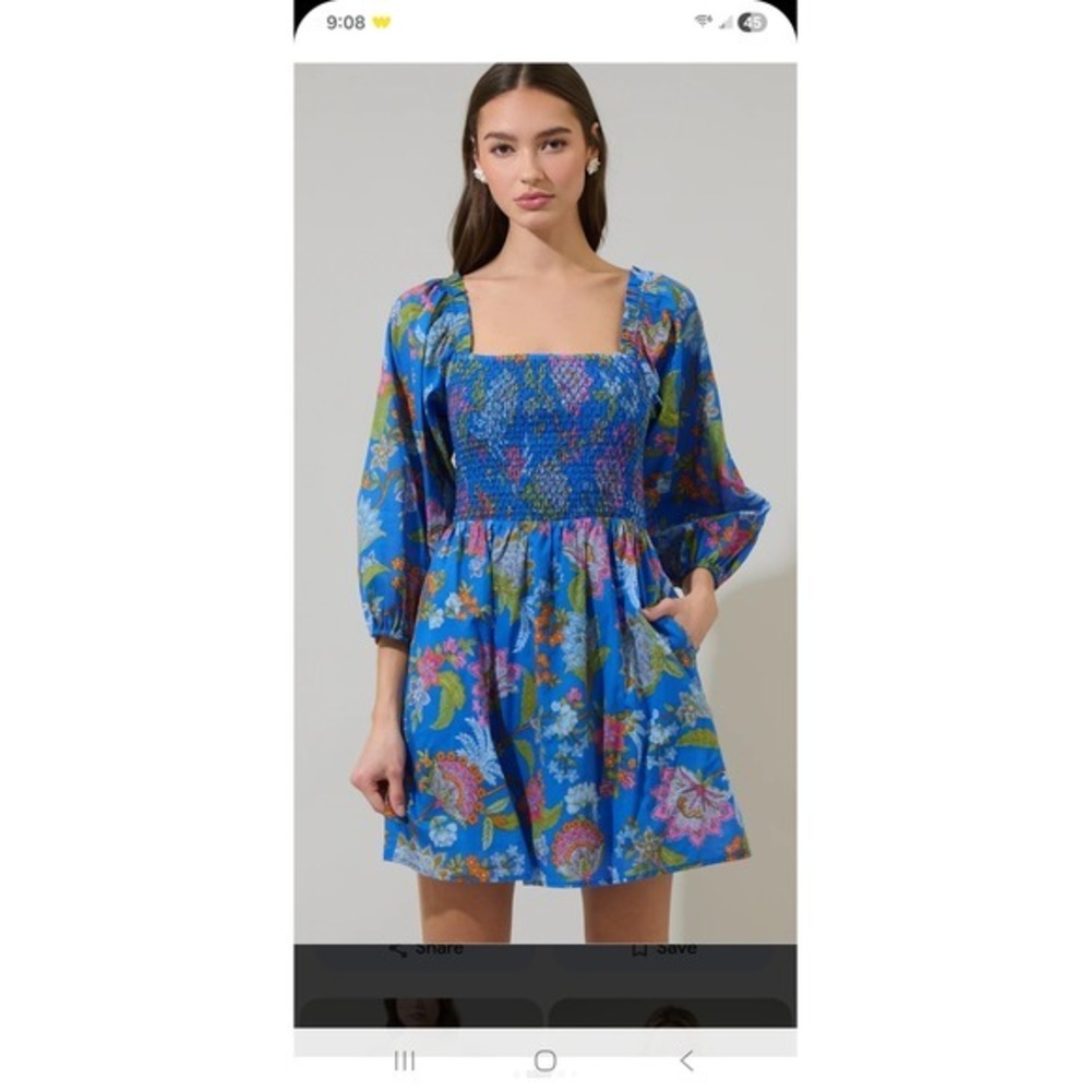 Vivid Blue cottagecore boho floral Smocked Mini Dress Long Puff Sleeve Womens L - Picture 8 of 9